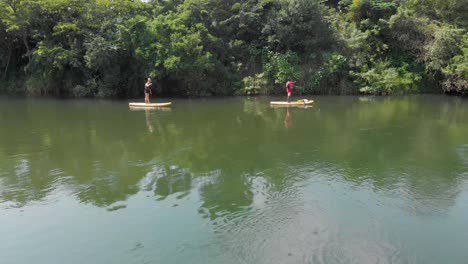 Luftaufnahme-Rückwärts-Einer-Blonden-Frau-Auf-Einem-Stand-Up-Paddle-Board-Am-Ufer-Des-Nils