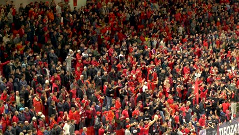 Close-up-of-supporters-of-red-team-on-an-attempt-to-score-a-goal-during-football-match-between-Albania-and-France-for-European-championship