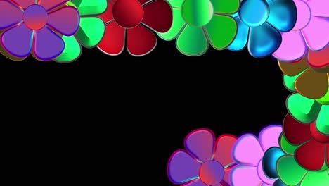 Mehrfarbige,-Computeranimierte,-Sich-Drehende-Blumen-Vor-Schwarzem-Hintergrundeffekt