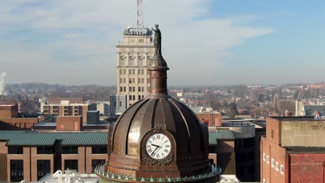 Parallax-aerial-shot-above-old-courthouse-in-Lancaster-PA-Pennsylvania-skyline-including-Marriott-Hotel-Convention-Center-and-Griest-Building