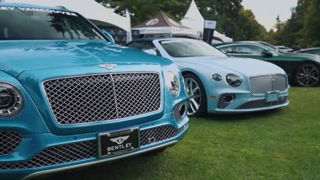 Maßgeschneiderter-Blauer-Bentley,-Der-Auf-Einer-Luxusautoshow-Auf-Gras-Geparkt-Ist