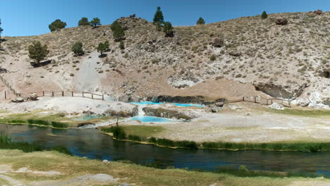 Establecimiento-De-Una-Toma-De-Paisaje-De-Aguas-Termales-De-Color-Azul-Brillante-Y-Humeante-En-El-Sitio-Geológico-De-Hot-Creek-En-El-Bosque-Nacional-De-Inyo,-California