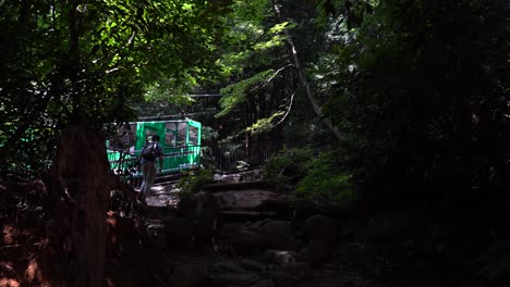 Excursionista-Masculino-Caminando-Por-El-Sendero-Del-Bosque-En-Japón-Con-Teleféricos-Tsukuba-Verdes-Y-Rojos-Que-Pasan-En-El-Fondo---Plano-General