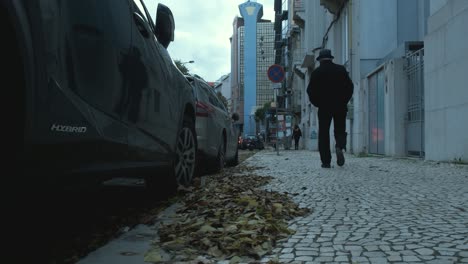 Tiro-De-ángulo-Bajo-Pila-De-Hojas-Secas-En-La-Acera-Vista-Anciano-Caminando,-Lisboa