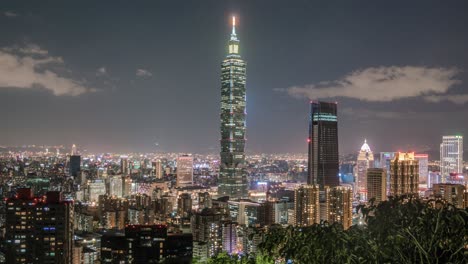 Time-lapse-of-Taipei-skyline-with-Taipei-101-by-night-in-Taiwan---camera-panning-right