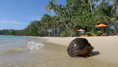 Angespülte-Kokosnuss-An-Einem-Tropischen-Strand-In-Thailand-Und-Eine-Person-Auf-Einer-Schaukel-Im-Hintergrund