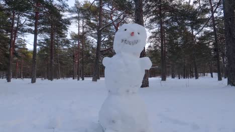 Cute-happy-snowman-standing-alone-in-a-pine-forest-during-daytime-in-winer