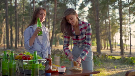 Young-women-talking-and-drinking-beer-in-the-countryside,-preparing-a-barbecue.-People-enjoying-a-picnic-in-nature.