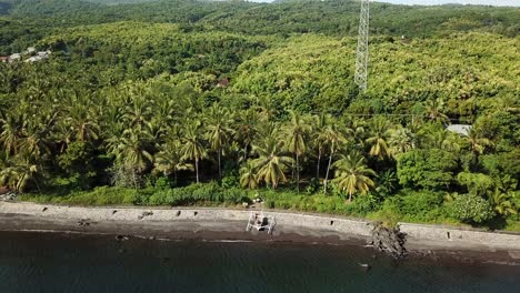 Aerial-footage-of-flying-back-at-the-beach-with-the-coconut-trees-around-in-Bali,-Indonesia