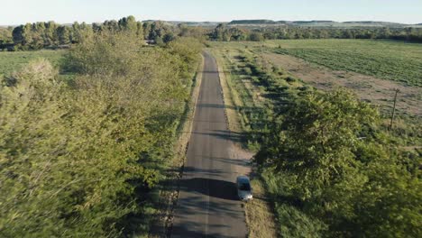 AERIAL-Descending-on-to-Tar-Road-Green-Trees-and-Green-Field