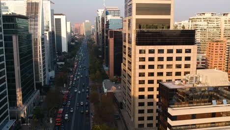Aerial-Drone-shot-flying-between-buildings-in-Downtown-Santiago,-Chile