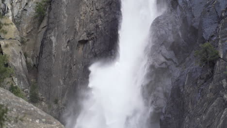 Pan-down-Lower-Yosemite-Falls,-ends-at-the-base