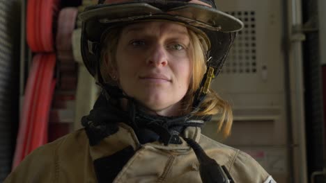 Eine-Feuerwehrfrau-Mit-Schutzhelm-Und-Feuerwehrmantel-Blickt-In-Die-Kamera