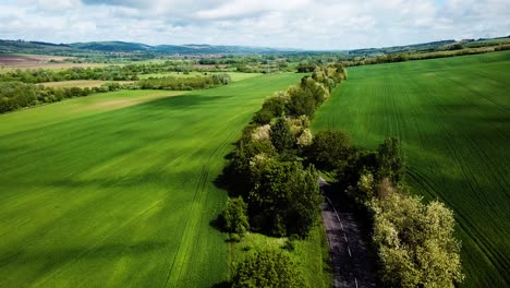 Aerial-landscape-shot-of-cloudy-bright-and-shady-view-of-agricultural-areas-hills-following-road-summer-zala-county-hungary-europe
