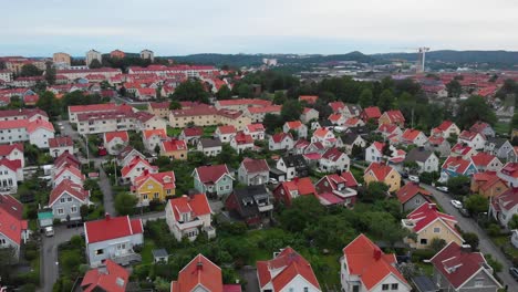 Aerial-footage-over-suburban-house-area-called-Bagaregarden-located-in-Gothenburg,-Sweden