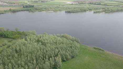 Drone-footage-of-flying-over-the-big-forest-near-the-lake-in-Holland