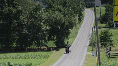 Ein-Amish-Pferd-Und-Buggy-Fahren-Entlang-Der-Straße-Auf-Dem-Land