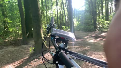 Nahaufnahme-Eines-MTB-Mountainbikes-Im-Wald-Mit-Sonnenlicht-Im-Hintergrund