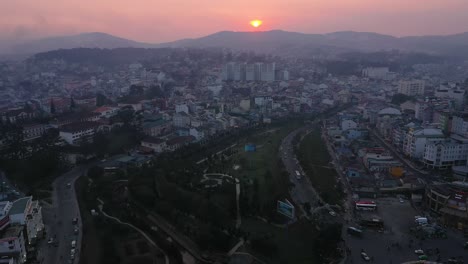Drone-shot-of-Da-Lat-or-Dalat-in-the-Central-Highlands-of-Vietnam-at-sunset