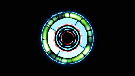 Spinning-light-circles-with-electricity-ring-in-electric-blue,-red-and-green-for-a-sci-fi-effect-background