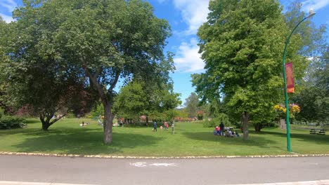 Grüner-Park-Mit-Wunderschönen-Bäumen-Im-Sommer-Und-Menschen,-Die-In-Dieser-Schönheit-Spazieren-Gehen-Und-Sie-Genießen