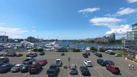 Pan-view-of-parking-lot-and-the-Inner-Harbour-near-downtown-Victoria-BC-on-Vancouver-Island