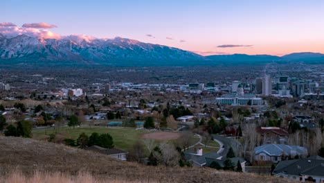 Salt-Lake-CIty,-Utah-sunset-time-lapse---zoom-out-wide-angle