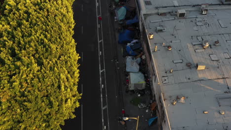 Drone-shot-showing-massive-homeless-encampment-in-Downtown-Los-Angeles's-Skid-Row