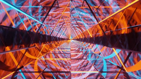 Motion-graphics-sci-fi:-travel-inside-futuristic-dynamic-triangular-spaceship-corridor-of-orange-and-teal-patterns-and-straight-lines