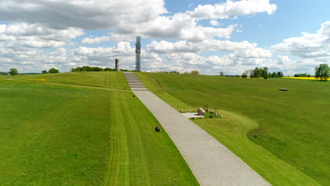 Aerial-dolly-over-a-pathway-towards-memorial-of-Grunwald-victory-and-museum