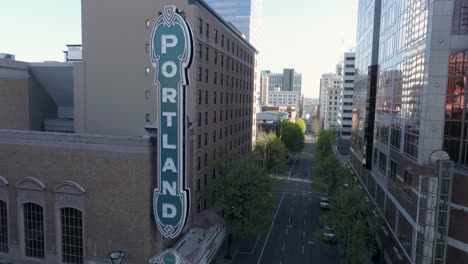 Historic-aerial-footage-of-Arlene-Schnitzer-Concert-Hall-in-Portland,-Oregon-with-empty-streets-due-to-COVID-19