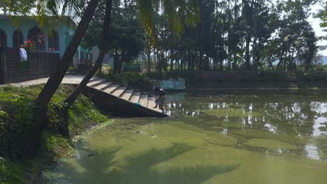 Adult-Male-Washing-Beside-Steps-Of-Green-Pond-In-Village-In-Sylhet,-Bangladesh
