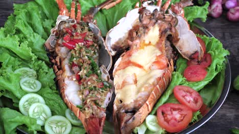 Grilled-Lobster-colorful-dish-display-on-wood-table,-Close-up---detailed-shot