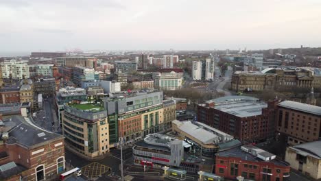 Aerial-view-across-iconic-Liverpool-city-skyline-empty-streets-during-corona-virus-pandemic
