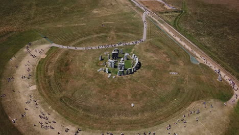 Aerial:-Stonehenge-tourist-destination-stone-circle,-UK