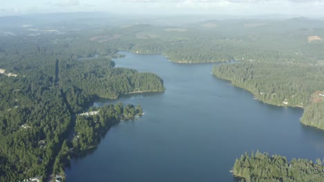 Luftaufnahmen-Eines-üppigen-Waldes,-Der-Einen-Tiefblauen-See-Umgibt