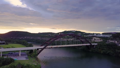 Aerial-of-the-Pennybacker-bridge-in-Austin,-Texas-at-sunset