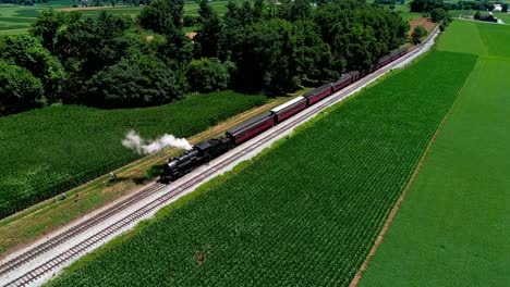 Steam-Train-at-Picnic-Area,-Dropping-off-Passengers-in-Amish-Countryside-as-seen-by-Drone