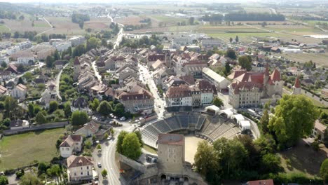Aerial-orbit-of-Avenches-Roman-arena-and-Medieval-Castle