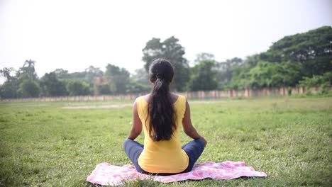 Joven-Asiática-Haciendo-Meditación-Y-Yoga-Pranayama-Indio-Mostrando-De-Vuelta-Al-Amanecer-De-La-Mañana