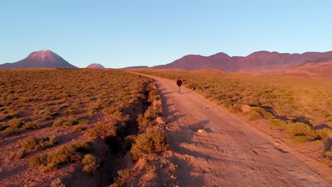 Aerial-cinematic-shot-of-lonely-traveler-on-a-dirt-road-at-sunset-in-the-Atacama-Desert,-Chile,-South-America
