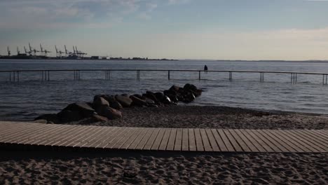 Person-sitting-alone-on-the-Infinite-bridge-during-an-early-morning-sunrise-in-summer