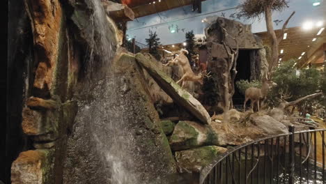 A-shot-of-the-waterfall-and-taxidermy-display-in-a-bass-pro-shop-sporting-goods-store-in-San-Antonio,-Tx