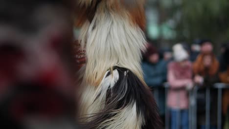 Hairy-mask-on-a-long-head-with-horns,-part-of-a-costume-of-a-bulgarian-kuker-with-a-foreground-transition