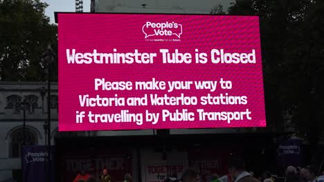 A-big-screen-at-People's-Vote-protests-in-London,-UK