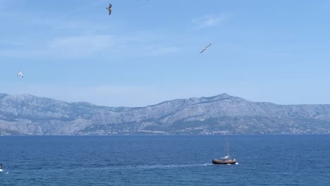 Boats-cross-middle-of-sea-with-flying-birds-on-air