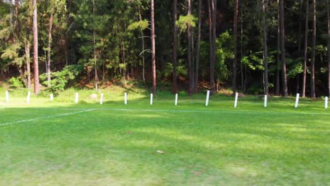 Low-drone-flight-sideways-in-soccer-field-with-goal-in-the-middle