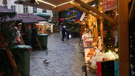 Tallinn-Christmas-Market-kiosk-with-people-walking-around-and-pigeons-flying