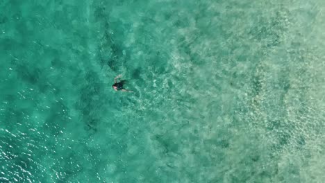 Drone-rise-above-a-beautiful-happy-blond-girl-in-a-bikini-swimming-in-the-crystal-clear-turquoise-sea-in-Cape-Verde