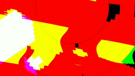 Computerized-animation-of-colorful-random-haphazard-designs-and-shapes,-moving-on-red-background